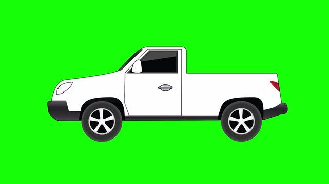 White car, pickup truck,  animation, green screen,cartoon, footage, mockup, loop, chromakey