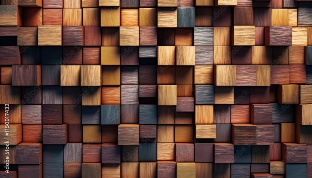 Poster colorful mosaic of shiny textured tiles creating an artistic wall design with natural wood patterns 