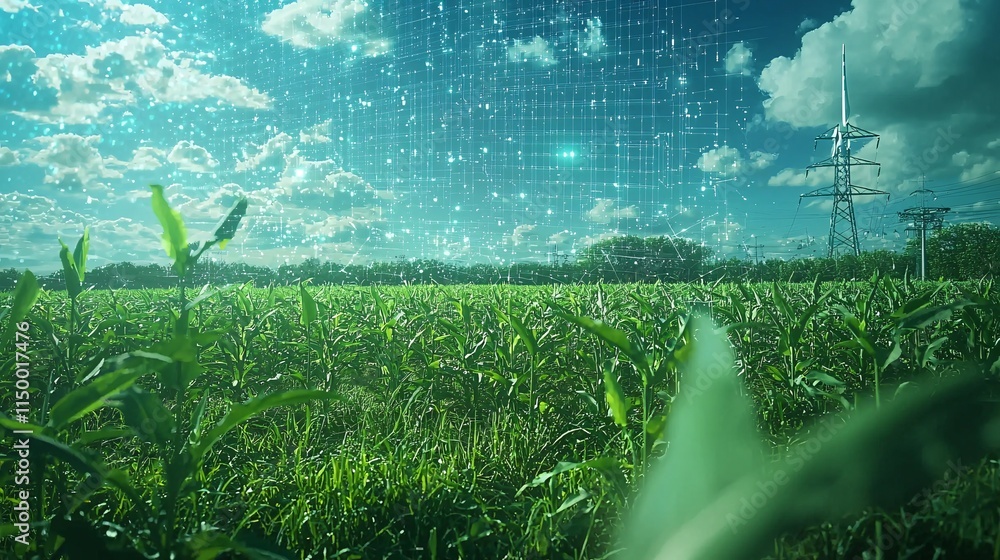 Poster Decarbonization efforts represented through efficient and reliable smart grid technology Stock Photo with side copy space