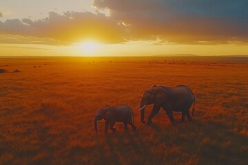 African elephants walking at sunset in savanna.