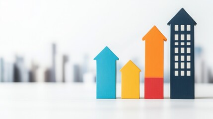 Home loan brokerage concept. A colorful representation of rising property values with stylized houses, highlighting growth in the real estate market.