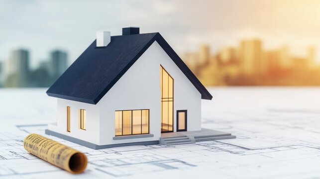 Home loan brokerage concept. A miniature house model sits atop blueprints, symbolizing architecture and design in an urban setting, illuminated by soft sunlight.