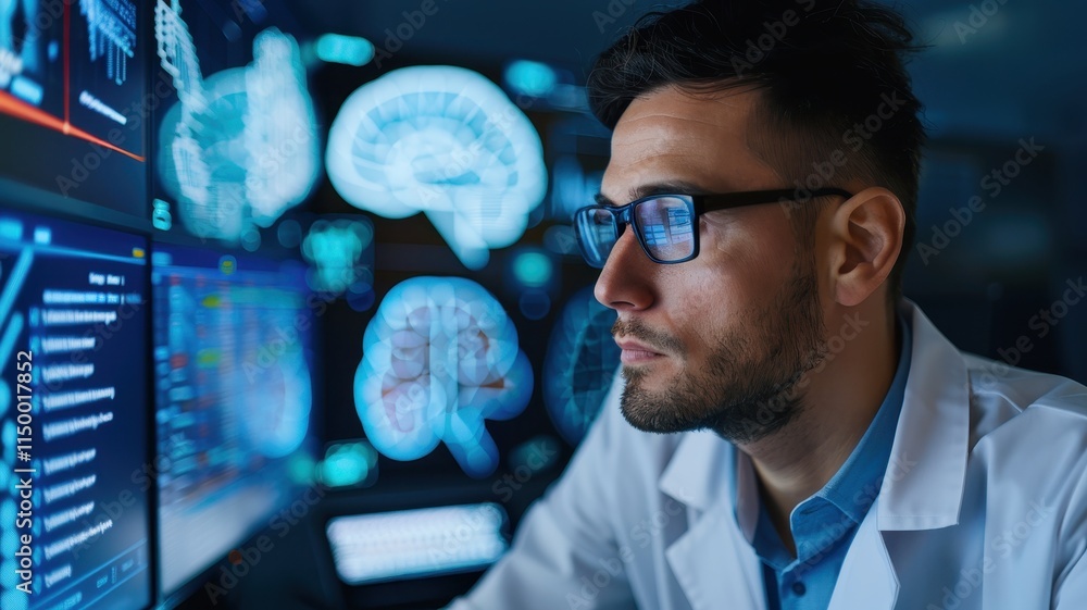Aufkleber a focused researcher analyzes advanced data visualizations related to brain activity, showcasing tec