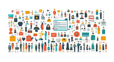 Diverse people icons, objects, and communication elements.