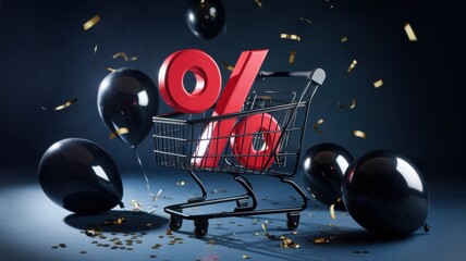An advertising photo of a three-dimensional red percentage symbol inside a black shopping basket set against a dark background. Black balloons and golden confetti are scattered all over the basket.