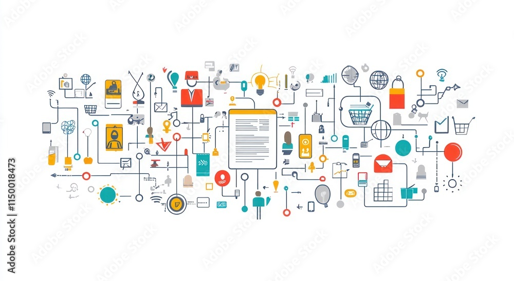 Poster complex interconnected network of business and marketing icons illustrating digital strategy and wor