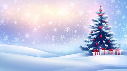 Obraz premium Winter scene with tree and gifts on snow with falling snowflakes.