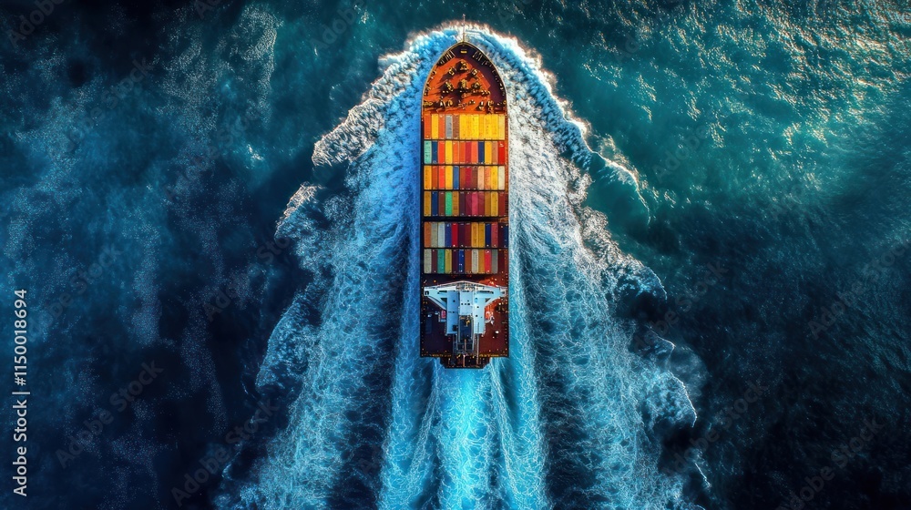 Poster aerial view of a container ship sailing on a deep blue ocean, creating a vibrant wake.