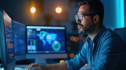 A focused man works on multiple computer screens displaying data and a world map, immersed in a technological environment.
