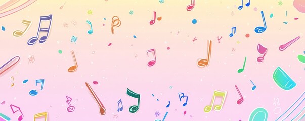 Colorful musical notes and confetti on a pastel background.