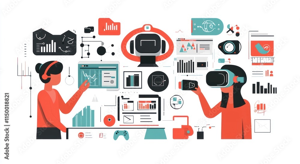 Aufkleber two women collaborate on a virtual reality project, analyzing data and using advanced technology.