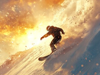 Snowboarding adventure at sunset mountain resort action shot winter wonderland dynamic perspective...