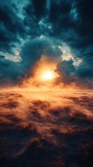 Fototapeta premium Dramatic sunset over a sea of fog, with dark, moody clouds and a vibrant orange and yellow sun.