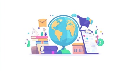 Fototapeta premium Global education concept with a globe, books, stationery, and a clipboard.