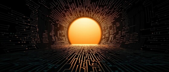 A glowing sun emerging from a digital landscape.