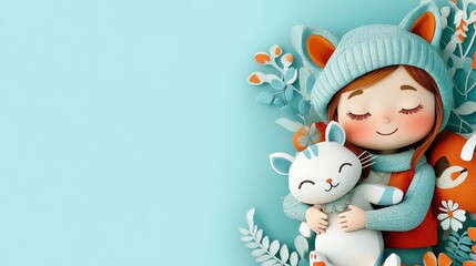 Cute Girl Hugging Cat  Winter Hat  Floral Background   D Render