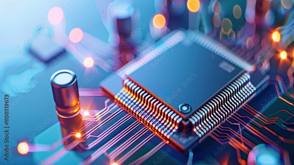 Poster a close-up view of a microchip on a circuit board, showcasing intricate connections and vibrant colo