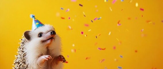 Cute hedgehog wearing a party hat amidst colorful confetti against a yellow background.