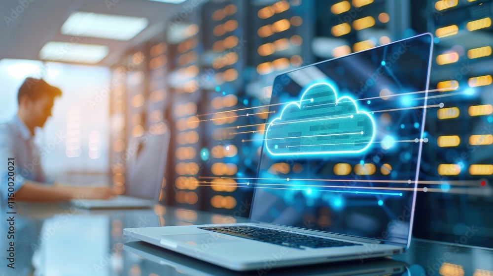 Poster a laptop displays a digital cloud icon, symbolizing cloud computing, while a person works in a data 
