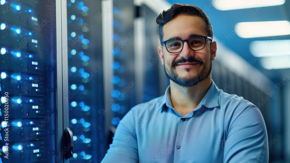 Poster a smiling man stands confidently in front of server racks, showcasing a modern data center environme