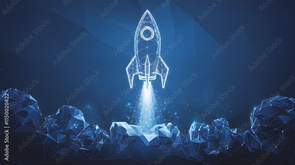 Poster abstract rocket launch. digital spaceship flying up into outer space. business development, boosting