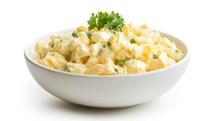 A plain egg salad arranged in a clean bowl, isolated on a seamless white background