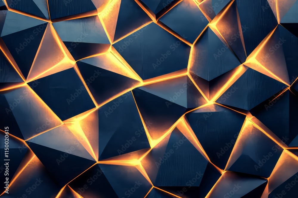 Aufkleber Geometric 3D patterns with glowing edges creating a vibrant texture in a deep blue and gold color scheme