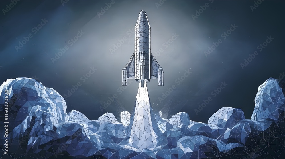 Poster abstract rocket launch. digital spaceship flying up into outer space. business development, boosting