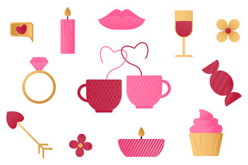Set of elements with romantic symbols - lips, cupcake, flower, ring, candles, SMS, cups with hearts.