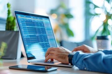 A person is using a laptop to analyze data, surrounded by greenery and a coffee cup, in a bright, modern workspace.