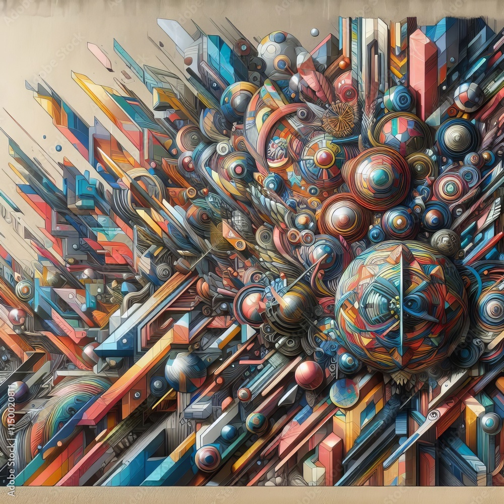 Poster a complex and visually striking abstract artwork filled with colorful geometric shapes, lines, and 3