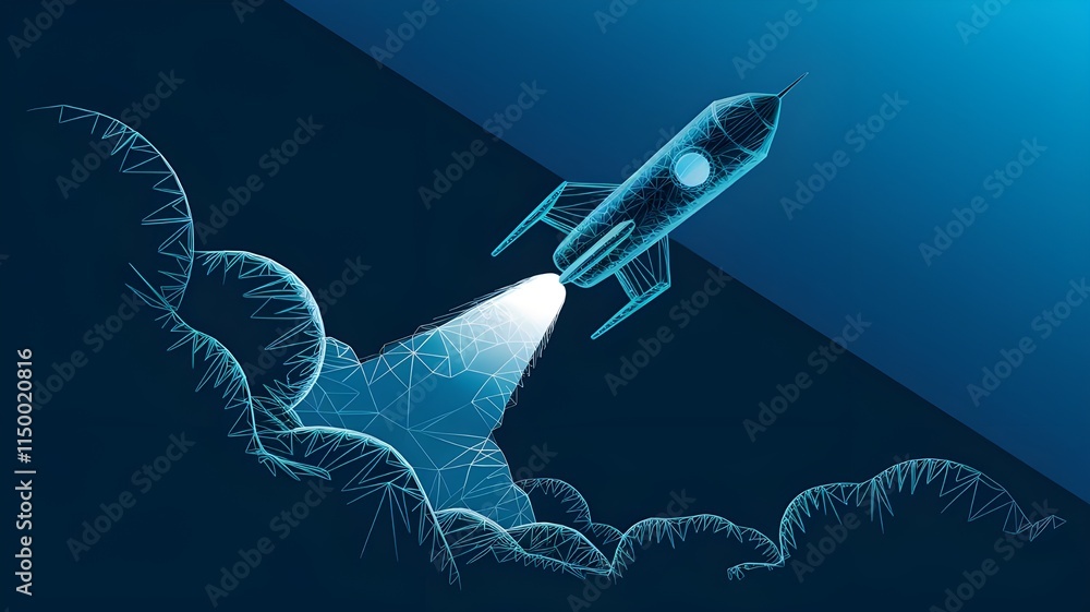 Poster abstract rocket launch. digital spaceship flying up into outer space. business development, boosting