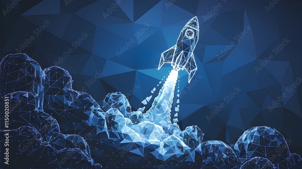 Poster abstract rocket launch. digital spaceship flying up into outer space. business development, boosting