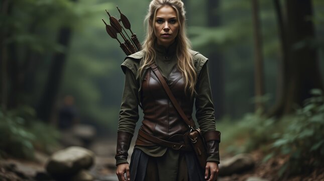 Woman archer in forest. Fantasy warrior with bow and arrows. Adventure concept. Halloween, role-playing event and costume party
