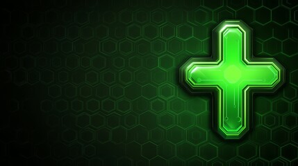 Green Neon Cross on Hexagon Tech Background