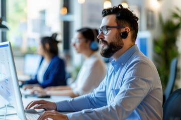 A focused professional wearing headphones works at a computer in a modern office with colleagues in the background.