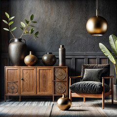 The image depicts a modern interior with dark walls, featuring a black armchair, a wooden cabinet with decorative vases, and a plant in a metallic pot. A gold pendant lamp hangs above the armchair.