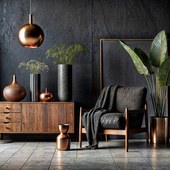 The image depicts a modern interior with dark walls, featuring a black armchair, a wooden cabinet with decorative vases, and a plant in a metallic pot. A gold pendant lamp hangs above the armchair.