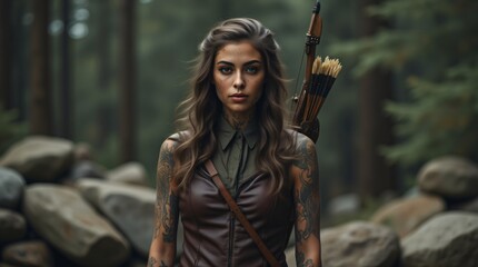 Woman archer in forest. Fantasy warrior with bow and arrows. Adventure concept. Halloween, role-playing event and costume party
