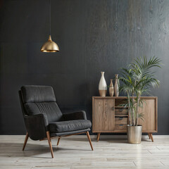 The image depicts a modern interior with dark walls, featuring a black armchair, a wooden cabinet with decorative vases, and a plant in a metallic pot. A gold pendant lamp hangs above the armchair.