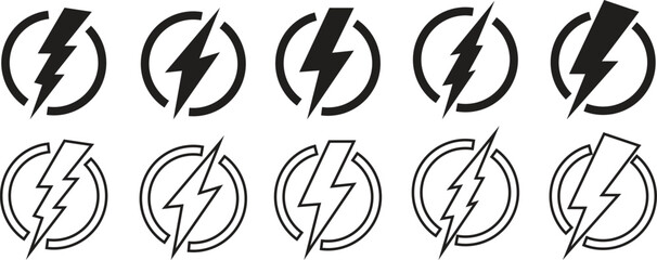 flash lightning bolt icon set. Electric power symbol. Power energy sign, vector graphic design elements Power energy icon sign in filled, flash thunder power icons, isolated on transparent background. © Awais