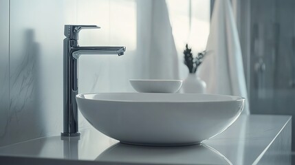 A close-up shot of the white, round sink on top, the modern silver faucet