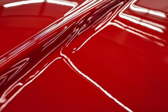 High-gloss lacquer surface with deep reflections showcasing vibrant red tones and smooth texture under bright lighting conditions