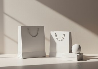 Minimalist white shopping bag, elegant gift box, soft natural lighting, textured wall background