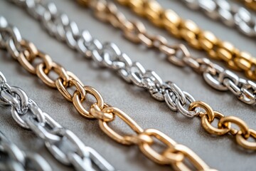Obraz premium Close-up of various gold and silver chains on grey background.