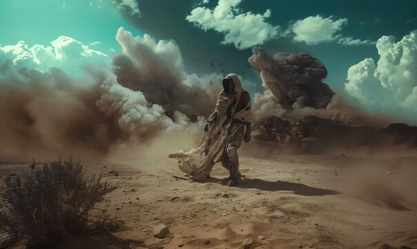 Lone figure stands desert clad hooded cloak boots holding weapon ready face challenges ahead