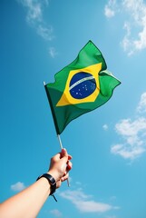 Hand holding Brazil national flag on blue sky. Happy Independence Day, Labor Day, Proclamation of the Republic. Background with copy space for greeting card, banner, poster