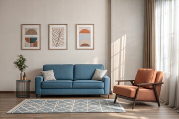 A modern living room with a navy blue sofa, neutral-toned walls, and a minimalist terracotta chair. Abstract art hangs above, small side table with a ceramic vase adds subtle elegance to the space