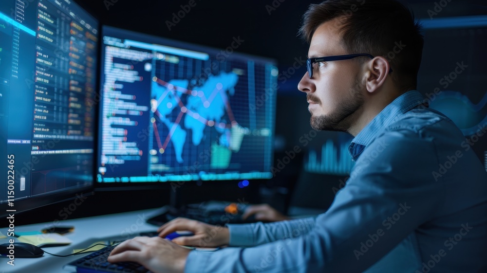 Poster a focused individual analyzes data on multiple screens in a dimly lit room, showcasing modern techno