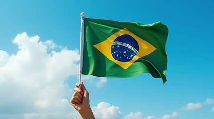 Hand holding Brazil national flag on blue sky. Happy Independence Day, Labor Day, Proclamation of the Republic. Background with copy space for greeting card, banner, poster